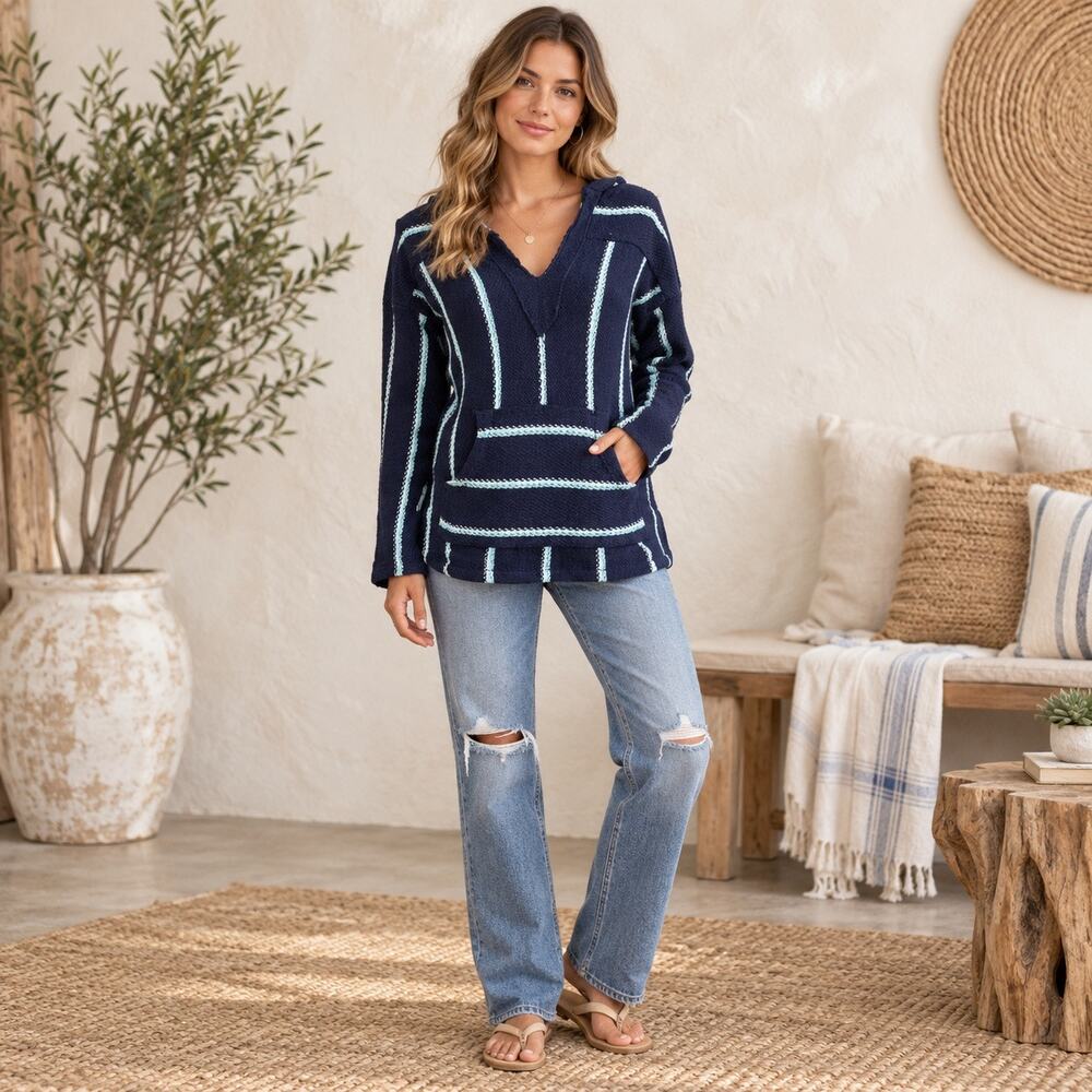 Vintage Havana Navy Blue Stripe Baja Hoodie Pullover Boho Women’s Large